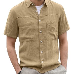 Men's Casual Button Down Shirt Cotton Linen Short Sleeve Pocket Wide Collar Shirt
