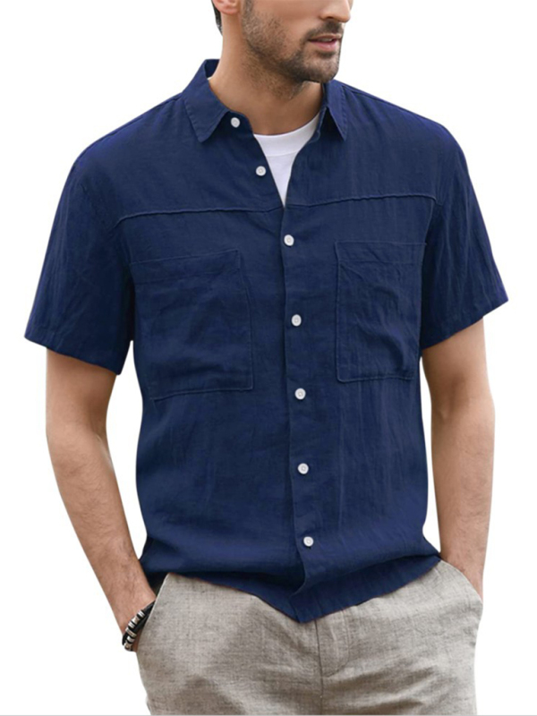 Men's Casual Button Down Shirt Cotton Linen Short Sleeve Pocket Wide Collar Shirt - Image 6