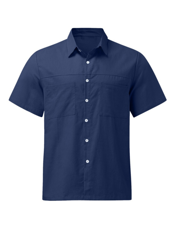 Men's Casual Button Down Shirt Cotton Linen Short Sleeve Pocket Wide Collar Shirt - Image 5