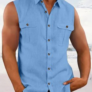 Cotton linen solid color sleeveless fashion simple multi-color washed cotton shirt