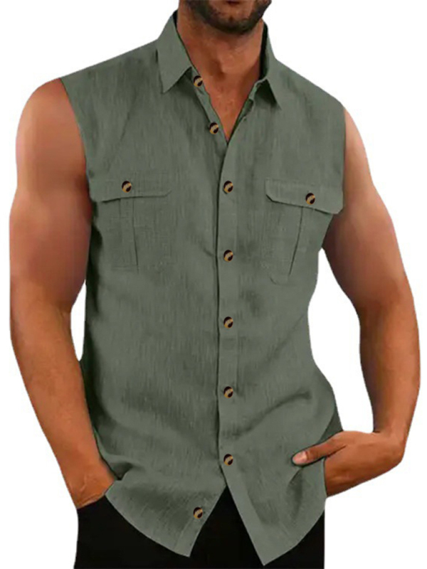 Cotton linen solid color sleeveless fashion simple multi-color washed cotton shirt - Image 4