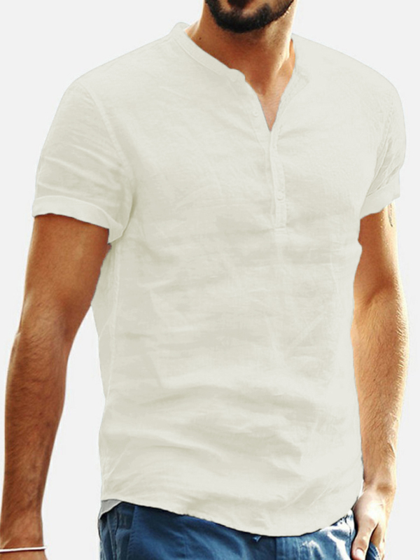 Men's Stand Collar Short Sleeve V Neck Cotton Linen Shirt - Image 3