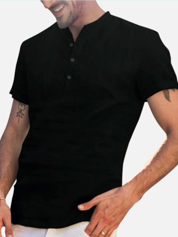 Men's Stand Collar Short Sleeve V Neck Cotton Linen Shirt - Image 6