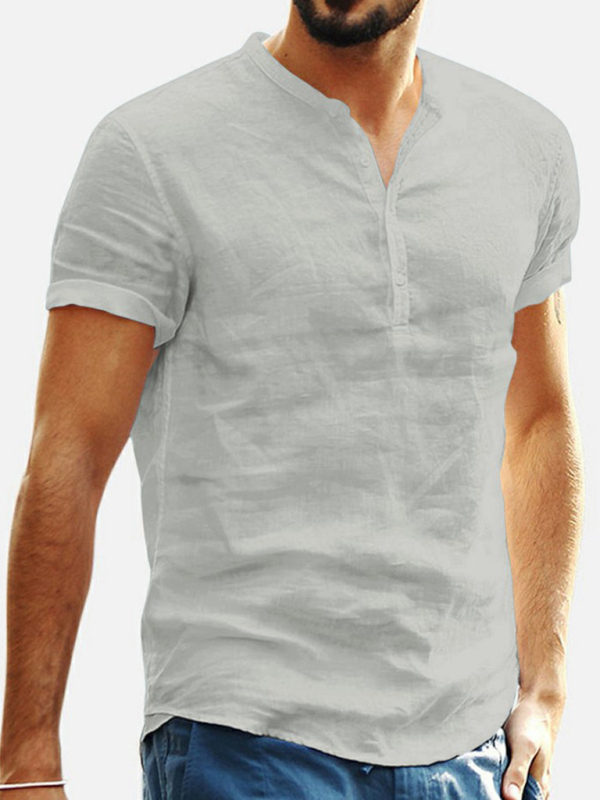 Men's Stand Collar Short Sleeve V Neck Cotton Linen Shirt - Image 8