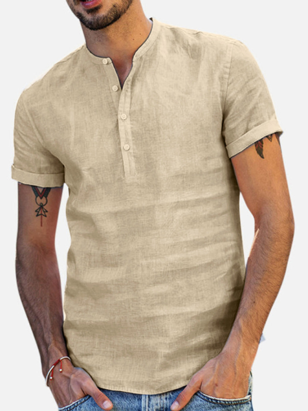 Men's Stand Collar Short Sleeve V Neck Cotton Linen Shirt - Image 2
