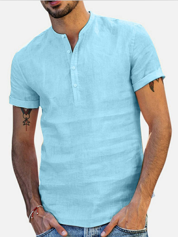 Men's Stand Collar Short Sleeve V Neck Cotton Linen Shirt - Image 4