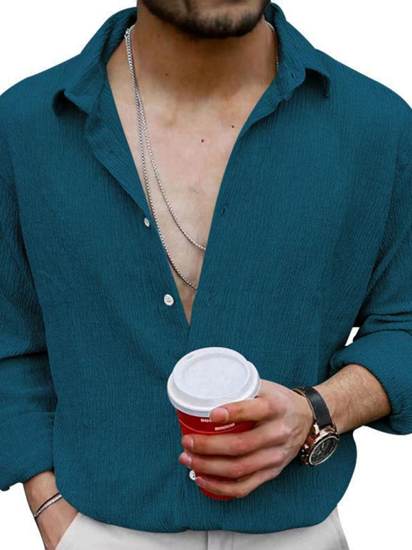 New Men's Solid Color Casual Lapel Long Sleeve Shirt - Image 17