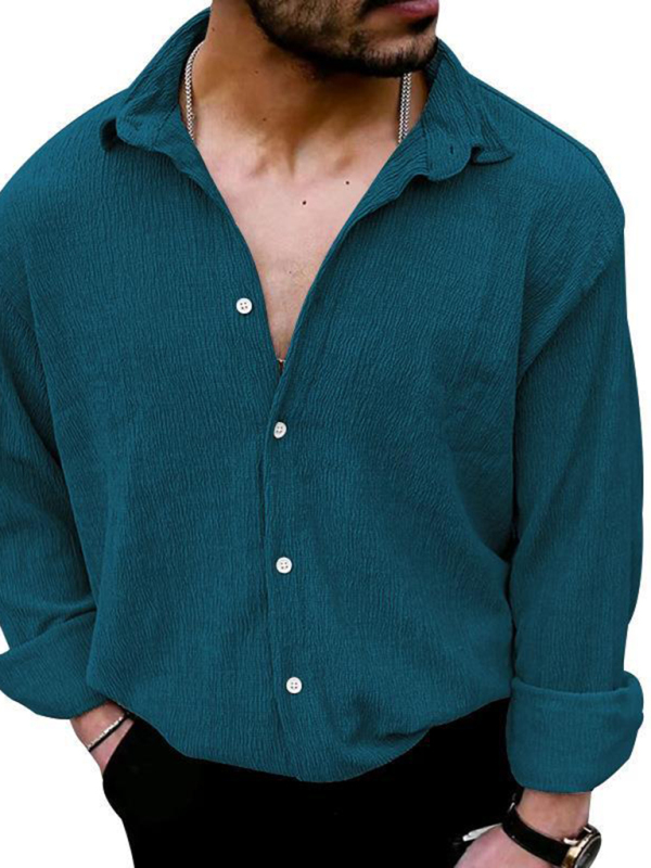 New Men's Solid Color Casual Lapel Long Sleeve Shirt - Image 18