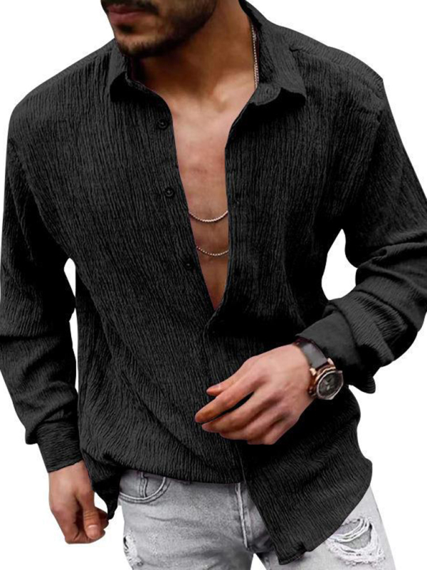 New Men's Solid Color Casual Lapel Long Sleeve Shirt - Image 20