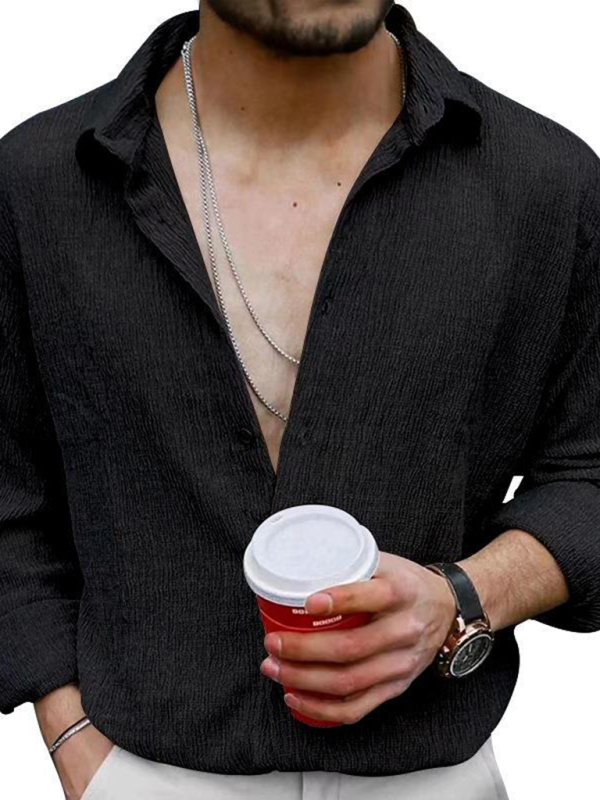 New Men's Solid Color Casual Lapel Long Sleeve Shirt - Image 21