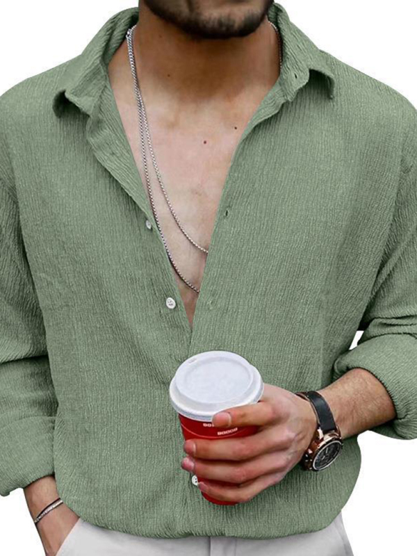 New Men's Solid Color Casual Lapel Long Sleeve Shirt - Image 24