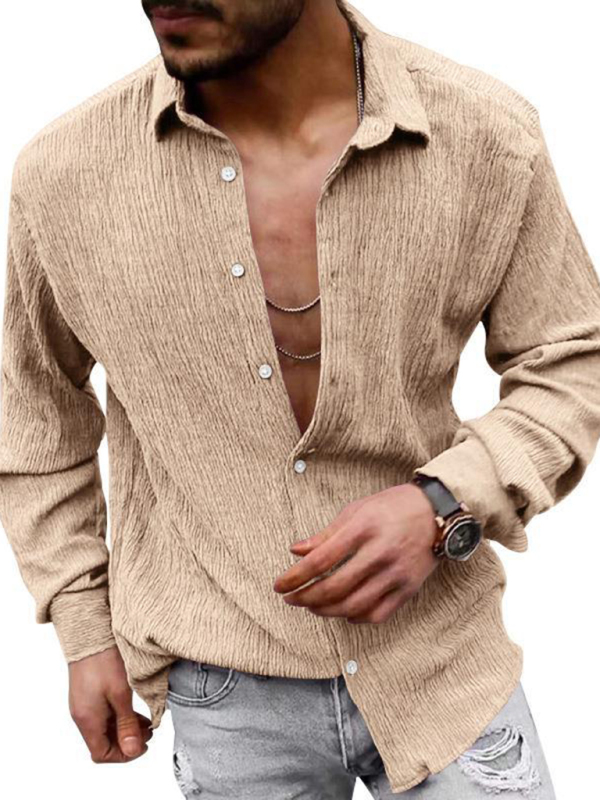 New Men's Solid Color Casual Lapel Long Sleeve Shirt - Image 2