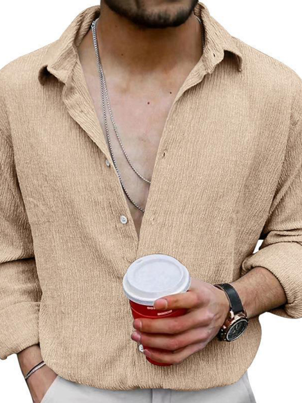 New Men's Solid Color Casual Lapel Long Sleeve Shirt - Image 11