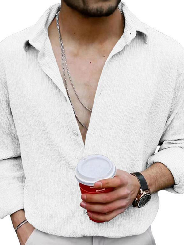 New Men's Solid Color Casual Lapel Long Sleeve Shirt - Image 9