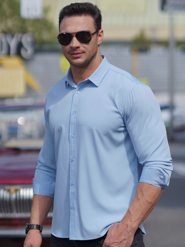New Men's Solid Color Stretch Long Sleeve Business Casual Thin Shirt - Image 6