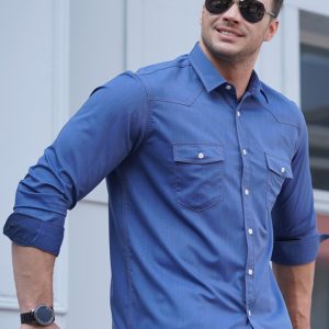 New Plus Size Men's Stretch Denim Long Sleeve Multi Pocket Shirt