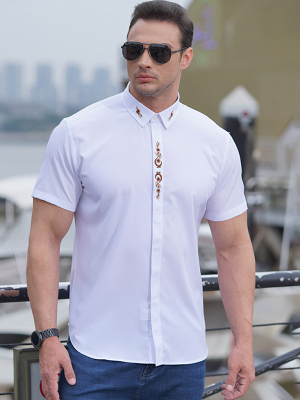 New large size men's elastic loose casual solid color embroidery thin shirt - Image 7