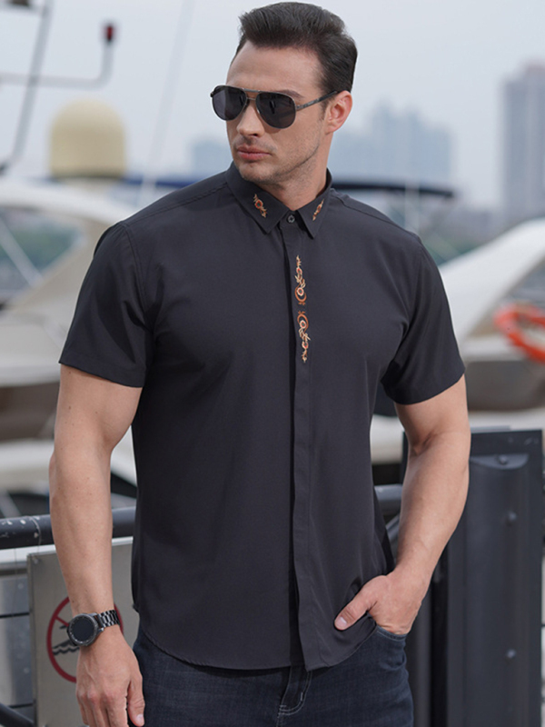 New large size men's elastic loose casual solid color embroidery thin shirt - Image 5