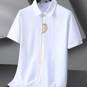 New large size men's elastic loose casual solid color embroidery thin shirt