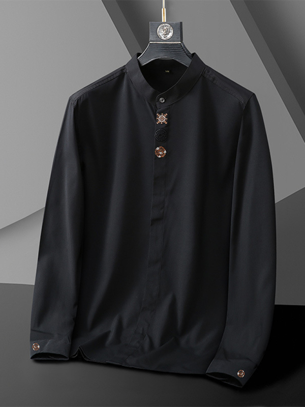 New large size men's elastic loose casual solid color embroidery long-sleeved shirt - Image 7