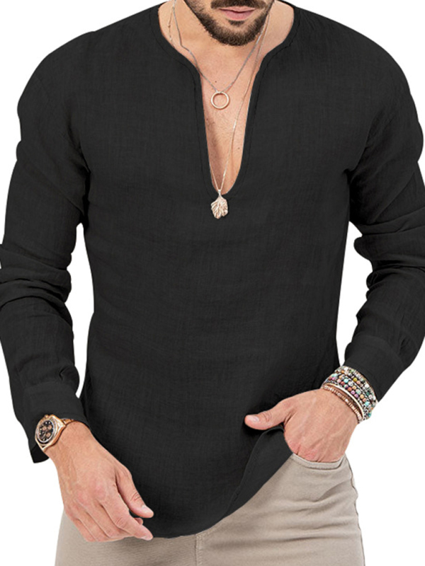 New Men's Henry Long Sleeve T-Shirt Slim Fit Solid Color Large Size Deep V Neck Shirt - Image 16