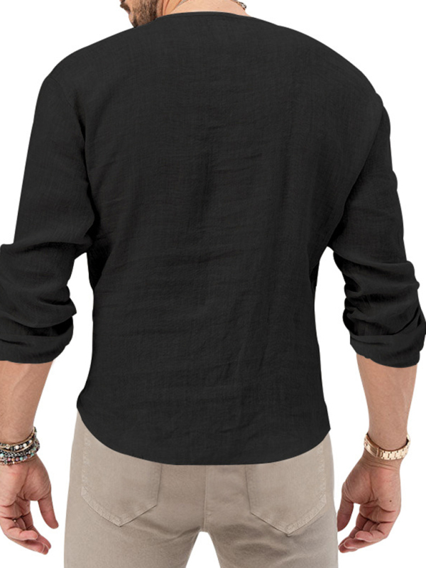 New Men's Henry Long Sleeve T-Shirt Slim Fit Solid Color Large Size Deep V Neck Shirt - Image 17