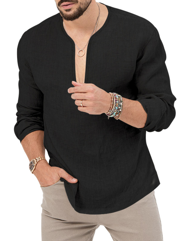 New Men's Henry Long Sleeve T-Shirt Slim Fit Solid Color Large Size Deep V Neck Shirt - Image 18