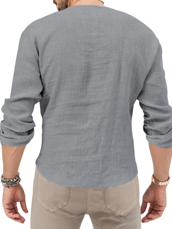 New Men's Henry Long Sleeve T-Shirt Slim Fit Solid Color Large Size Deep V Neck Shirt - Image 22