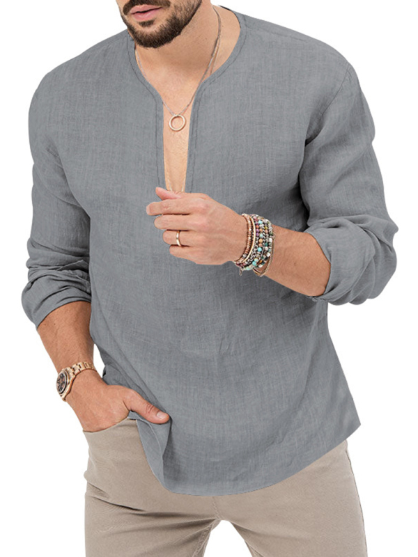 New Men's Henry Long Sleeve T-Shirt Slim Fit Solid Color Large Size Deep V Neck Shirt - Image 21