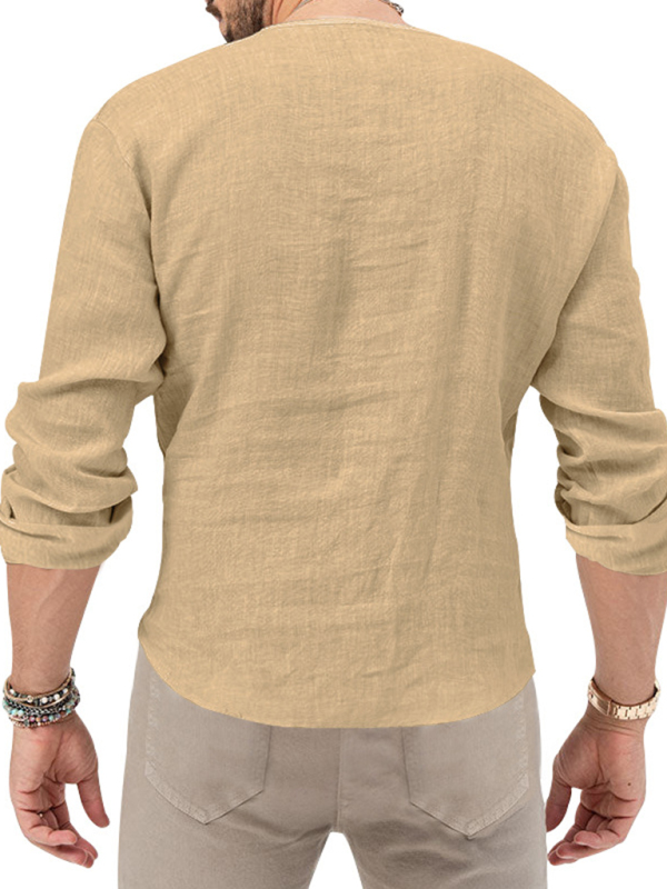 New Men's Henry Long Sleeve T-Shirt Slim Fit Solid Color Large Size Deep V Neck Shirt - Image 11