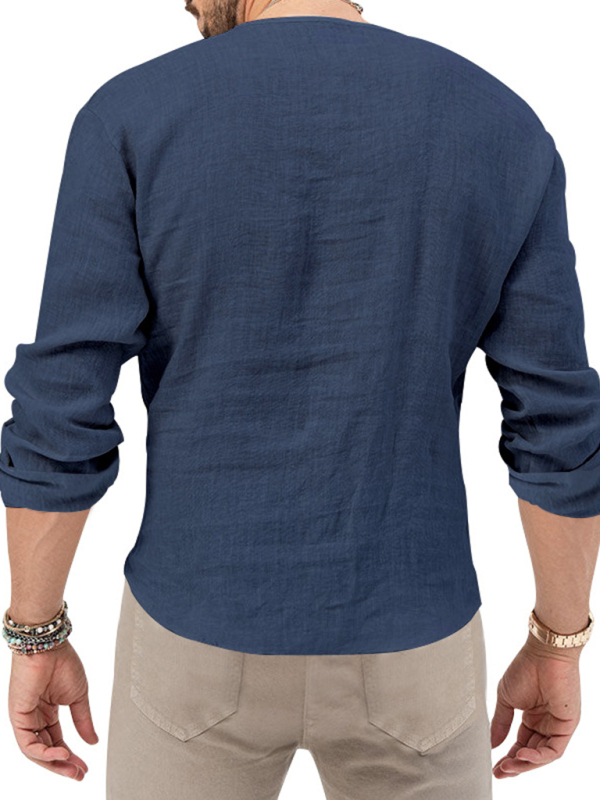 New Men's Henry Long Sleeve T-Shirt Slim Fit Solid Color Large Size Deep V Neck Shirt - Image 24