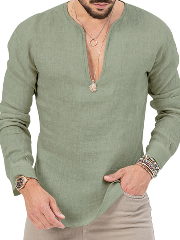 New Men's Henry Long Sleeve T-Shirt Slim Fit Solid Color Large Size Deep V Neck Shirt - Image 20