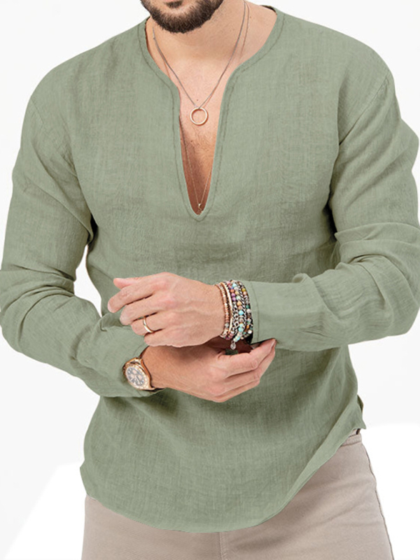 New Men's Henry Long Sleeve T-Shirt Slim Fit Solid Color Large Size Deep V Neck Shirt - Image 5