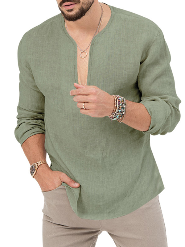 New Men's Henry Long Sleeve T-Shirt Slim Fit Solid Color Large Size Deep V Neck Shirt - Image 19