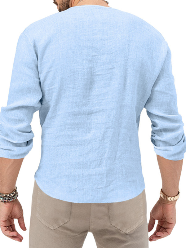 New Men's Henry Long Sleeve T-Shirt Slim Fit Solid Color Large Size Deep V Neck Shirt - Image 14