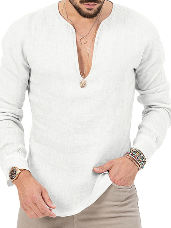 New Men's Henry Long Sleeve T-Shirt Slim Fit Solid Color Large Size Deep V Neck Shirt - Image 10