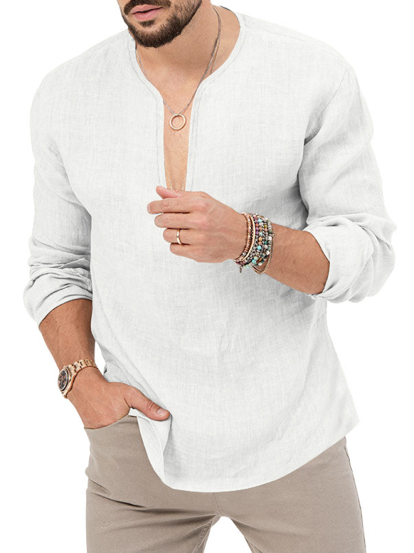 New Men's Henry Long Sleeve T-Shirt Slim Fit Solid Color Large Size Deep V Neck Shirt - Image 8
