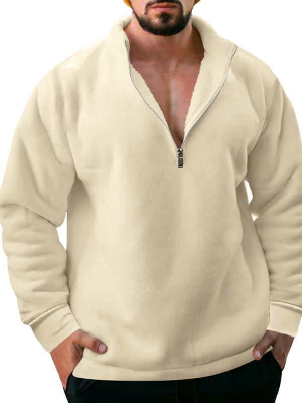 New men's fleece stand collar loose casual half zipper solid color hoodie - Image 13