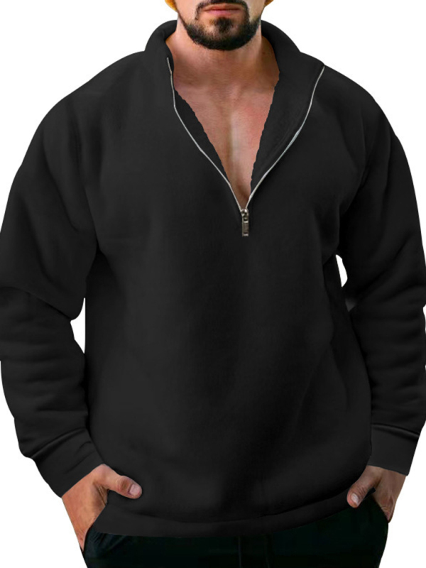 New men's fleece stand collar loose casual half zipper solid color hoodie - Image 21