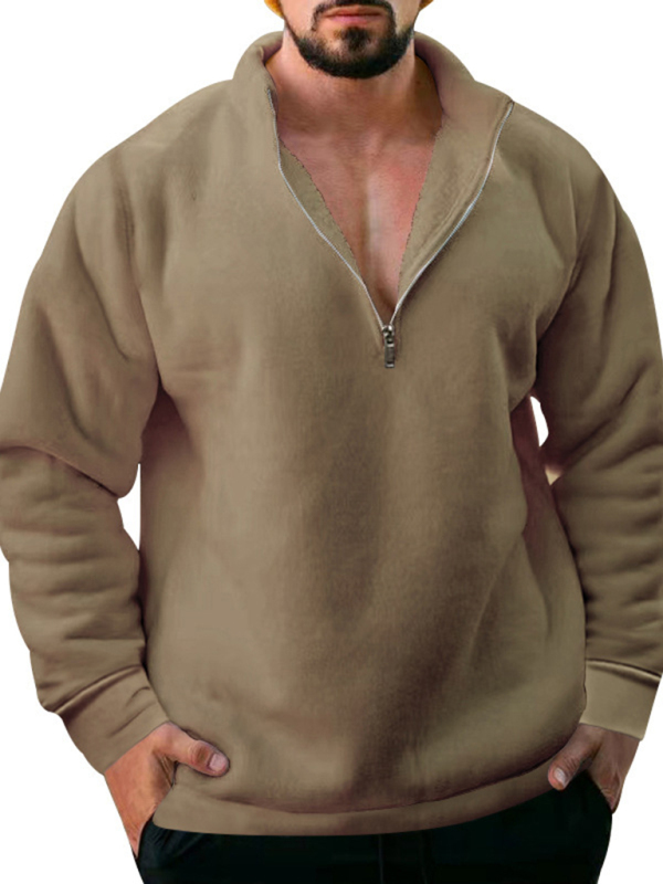 New men's fleece stand collar loose casual half zipper solid color hoodie - Image 23