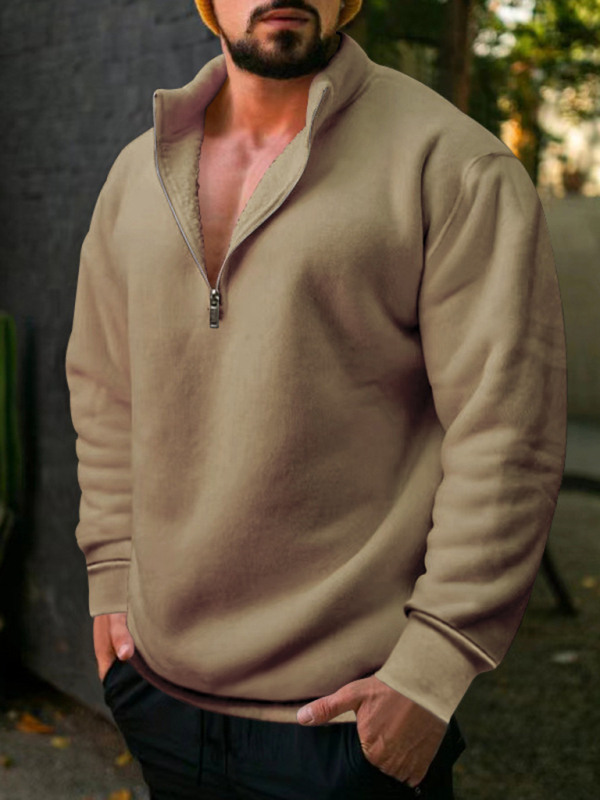 New men's fleece stand collar loose casual half zipper solid color hoodie - Image 24