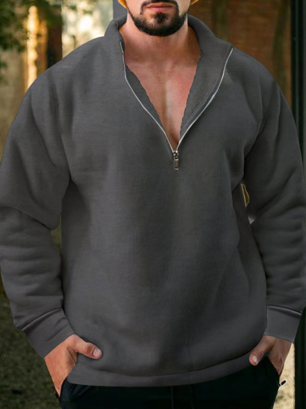 New men's fleece stand collar loose casual half zipper solid color hoodie - Image 6