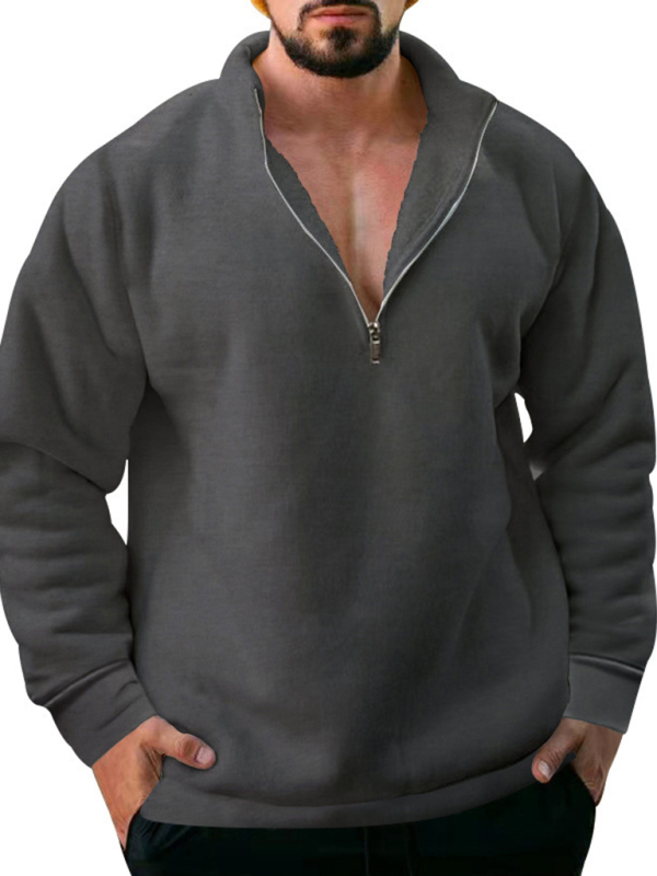 New men's fleece stand collar loose casual half zipper solid color hoodie - Image 19