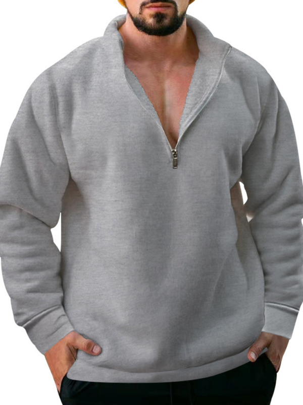 New men's fleece stand collar loose casual half zipper solid color hoodie - Image 17