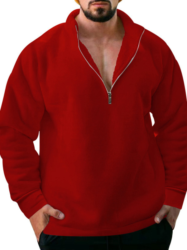 New men's fleece stand collar loose casual half zipper solid color hoodie - Image 10