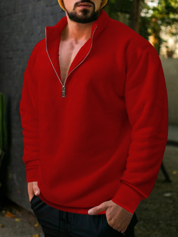 New men's fleece stand collar loose casual half zipper solid color hoodie - Image 9