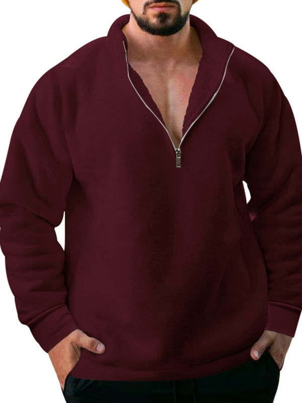New men's fleece stand collar loose casual half zipper solid color hoodie - Image 11
