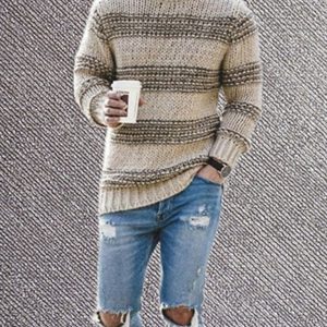 Men's fitted striped round neck long sleeve knitted sweater