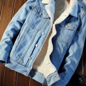 Men's warm sherpa button lapel denim jacket