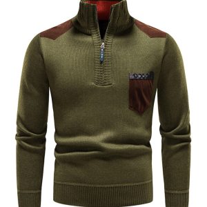 Men's stand-up collar thickened patchwork half-zip lapel sweater pullover sweater